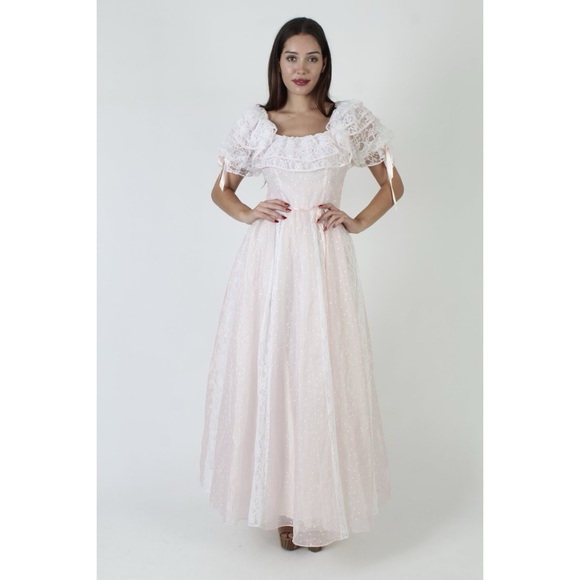 Vintage 70s Lace Pink & White Hearts Puff Sleeve Maxi Dress Coquette Bows Sheer - Picture 1 of 16